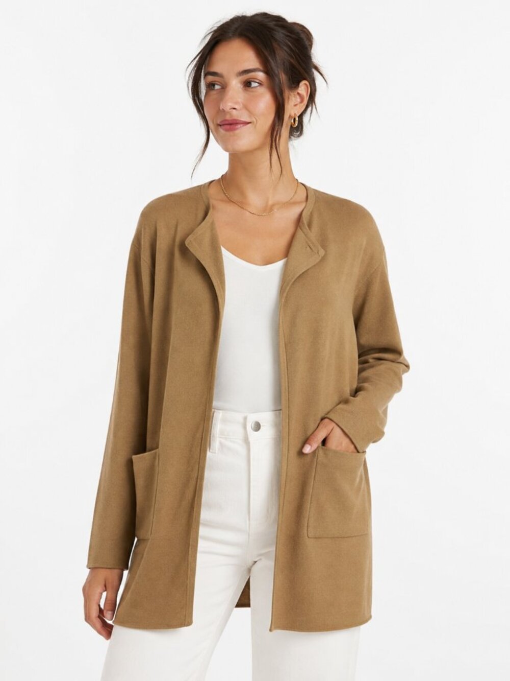 Quince 100% Organic Cotton Knit Collarless Long Cardigan Camel Tan Travel Size S